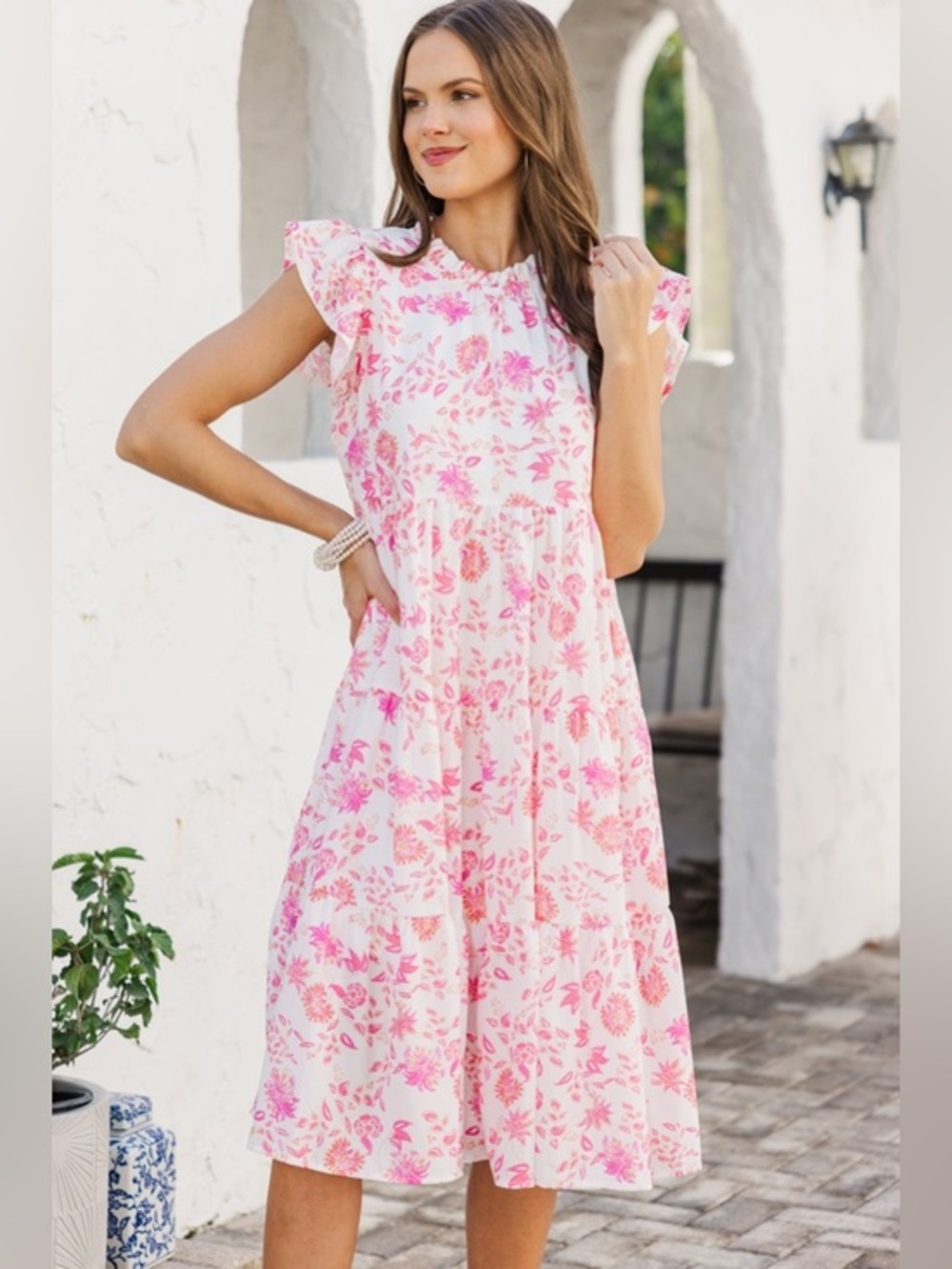 Voy Women’s Speak Your Mind Pink Ditsy Floral Midi Dress